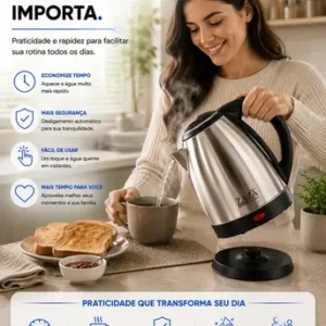 Chaleira Jarra Elétrica 1,8L Litros Em Inox Desligamento Automático Aquecimento Rápido Segura Café Chá Fácil Abertura Tampa Alça Ergométrica - Imagem 7