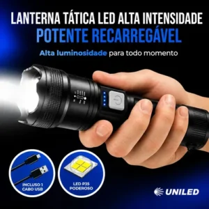 Lanterna Militar Tatica LED Mais Forte do Mundo Potente Zoom Telescópico Alto Brilho Resistente Agua Sitio Fazenda UNILED - Imagem 7