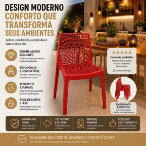 Kit 8 Cadeira Gruvyer Vermelha Moderna Ergonômica Suporta 140kg Empilhavel Resistente Feita Para Área Interna e Externa Bar Restaurante Escritório Casa Sala De Jantar Cozinha Gourmet Design Decorativo - Imagem 4