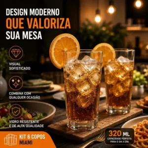 Jogo de 6 Copos Alto 320ml Miami Vidro Grosso Moderno Luxo Transparente Quadrado ViaCruz - Imagem 3