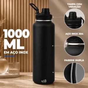 1000ml Garrafa Térmica Isolada A Vácuo Squeeze Aço Inox 304 para Água Gelada Esporte Academia com Alça e Bico Preto Sólar - Imagem 10