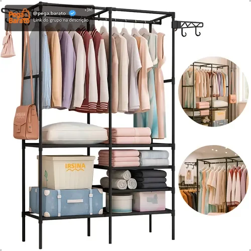 Closet Aberto IRSINA 2 Divisórias Preto com 6 Prateleiras Aço Inox