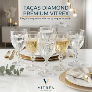 Jogo 6 Taças de Cristal 340ml Diamond Transparente Lapidado Vitrex - Imagem 5
