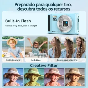Câmera Digital Acrensly 4K 64MP Rosa maquina fotografica Para Vlog com Zoom 16x e Foco Automático, Tela IPS 2.8", Cartão 32GB e 2 Baterias - Imagem 9