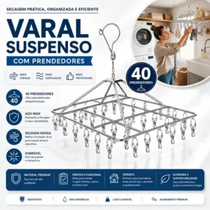 Varal Inox Suspenso 40 Prendedores Fixos Para Secagem Roupas - Imagem 4