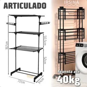 Varal Dobrável De Chão 3 Andares De Roupas Grande Com Rodinha Aba Lateral Retrátil Para Cabide Irsina - Imagem 13