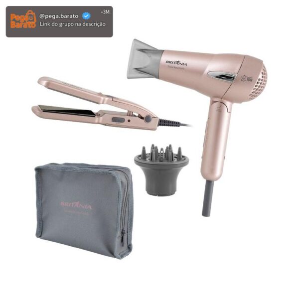 Kit Secador e Chapinha Britânia Travel Rose Gold