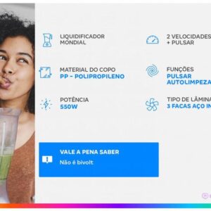 Liquidificador Mondial Easy Power L-550-B Preto 2 Velocidades 550W - Imagem 2