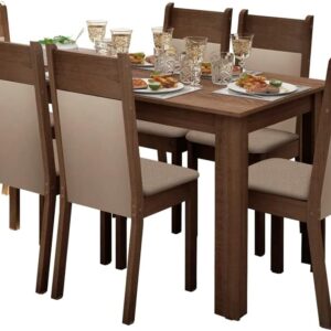 Conjunto Sala de Jantar Mesa Tampo de Madeira com 6 Cadeiras Rustic/Crema/Sintético Bege Jaíne Madesa - Imagem 3