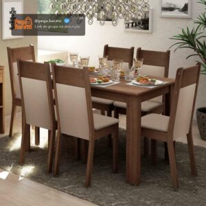 Conjunto Sala de Jantar Mesa Tampo de Madeira com 6 Cadeiras Rustic/Crema/Sintético Bege Jaíne Madesa - Imagem 1