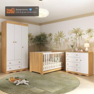 Quarto de Bebê Completo com Berço Americano 3 em 1 Realeza Multimóveis Mp4591 Madeirado/branco - Imagem 1