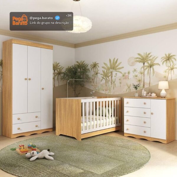 Quarto de Bebê Completo com Berço Americano 3 em 1 Realeza Multimóveis Mp4591 Madeirado/branco