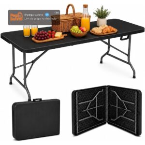 Mesa Dobrável Portátil Vira Maleta 180cm Reforçada até 150kg Camping Churrasco Jardim Sítio Compacta e Resistente MAAT BRAND (Preto) - Imagem 1