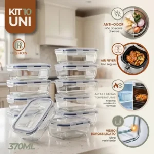 Kit 10 Pote De Vidro Marmita Hermético 370ml Freezer Fitness Rishon - Imagem 1