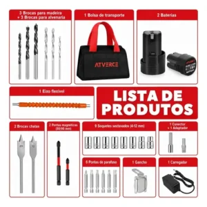 Parafusadeira e Furadeira de Impacto Brushless Atverce 16,8V Sem Fio Profissional com 2 Baterias e Carregador Bivolt - Imagem 3