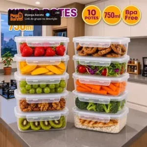 Kit 10 Potes 750ml com Tampa Trava Plástico Transparente para Mantimentos e Alimentos Marmita Organizador de Cozinha Geladeira e Freezer Jogo de Potes para Organização Ponte Lar Utilidades - Imagem 1