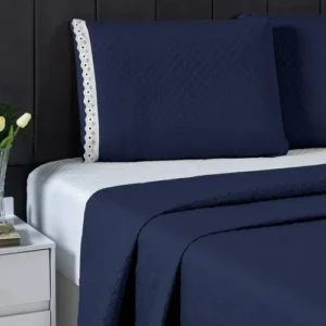 Cobre Leito Casal Queen 3 Peças Colcha Cama Kit Conforto Azul-escuro Liso - Imagem 4