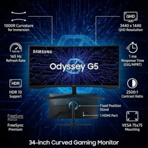 Monitor Gamer Curvo Samsung Odyssey 34" G5 165 Hz 1ms Ultrawide Preto - Imagem 2