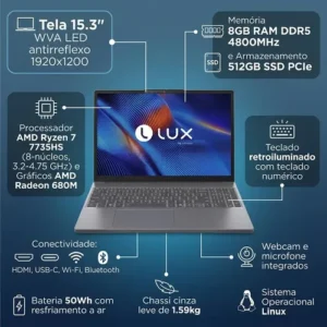 Notebook Ideapad Slim 3 Ryzen 7 7735hs 8gb 512gb Ssd Amd Radeon Graphics 15.3 (1920x1200) Linux 83mms00100 - Imagem 2