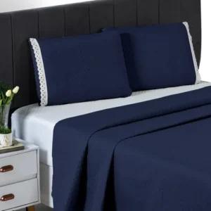 Cobre Leito Casal Queen 3 Peças Colcha Cama Kit Conforto Azul-escuro Liso - Imagem 3