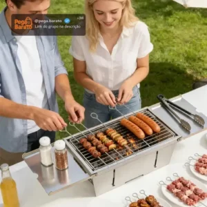 FALLOVE Churrasqueira Portátil Dobrável Inox Aço Inoxidável Carvão Pequena Prateado - Imagem 1