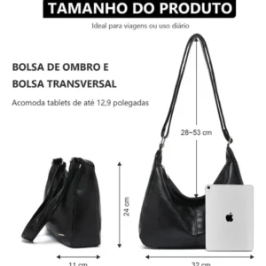Bolsa Hobo Feminina Preta Couro Sintético Moderna Ajustável - Imagem 5