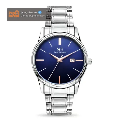 Relógio Masculino Clássico Pulseira Prata Correia Prateada Bisel Prateado Fundo Azul Marinho Saint Germain 42mm Elegante Detalhes Bronze