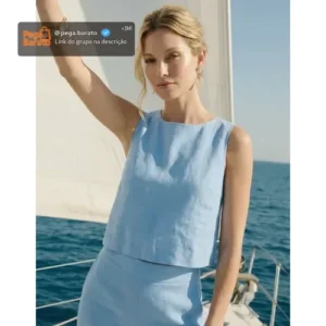 Conjunto Feminino Linho Calça Pantalona E Blusa Regata - Imagem 1