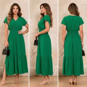 Vestido Longo Feminino Evangélico Gola V Detalhe Em Lastéx - Imagem 4