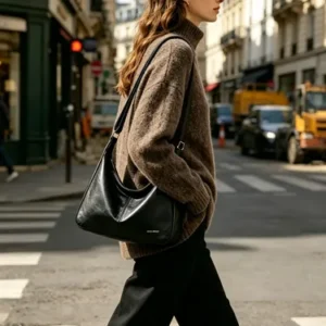 Bolsa Hobo Feminina Preta Couro Sintético Moderna Ajustável - Imagem 4