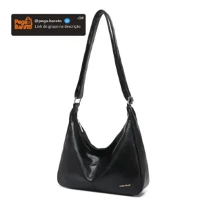 Bolsa Hobo Feminina Preta Couro Sintético Moderna Ajustável - Imagem 1