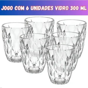 Jogo 6 Copos Vidro Diamante Grosso Resistente Agua 300ml Branco Ms Variedades - Imagem 1