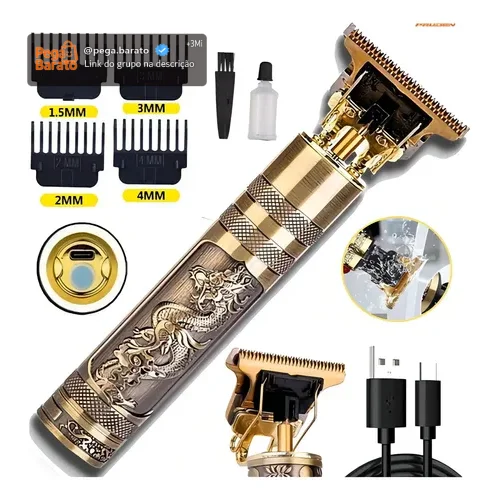 Maquininha de Corte Profissional Dragão Sem Fio Lâminas Titanium USB