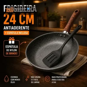 Frigideira Antiaderente Cerâmica Granito 24cm com Espátula Cabo de Madeira Indução Cooktop e Fogão a Gás Não Gruda Sem Óleo Viacruz - Imagem 1