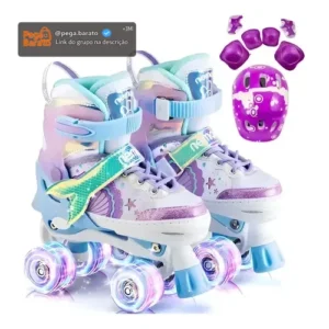 Patins 4 Rodas Com Led Patins Infantil Menina + Kit Proteção - Imagem 1