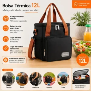 Bolsa Térmica Lancheira Marmita 12L Média Cerveja Comida Bebidas Academia Trabalho Escola Passeio Alça Ajustável e Removível Conserva Quente E Frio Cor Preta Tche Amo - Imagem 3