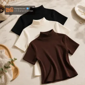 Kit 3 Blusas Gola Alta Feminino Manga Curta Básica Casual - Imagem 1