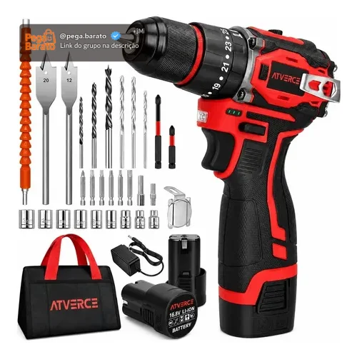 Parafusadeira e Furadeira de Impacto Brushless Atverce 16,8V Sem Fio Profissional com 2 Baterias e Carregador Bivolt