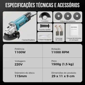Esmerilhadeira Angular MOHOR 4 em 1 de 1100W, para Cortar, Lixar e Polir - Imagem 11